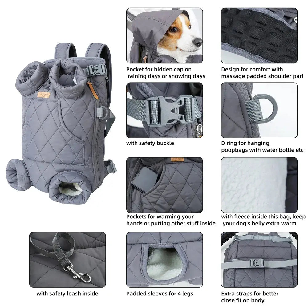 Sac ventral matelassé gris avec intérieur polaire pour chat, transport chaud et confortable.
