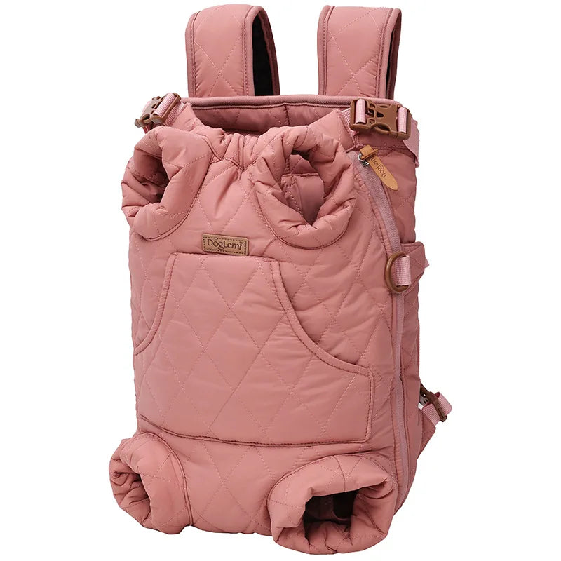 Sac ventral matelassé rose pour chat, conçu pour protéger du froid et assurer un port agréable.