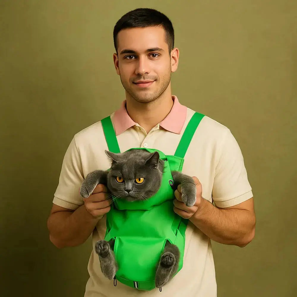 homme portant un sac ventral vert avec un chat à l’intérieur