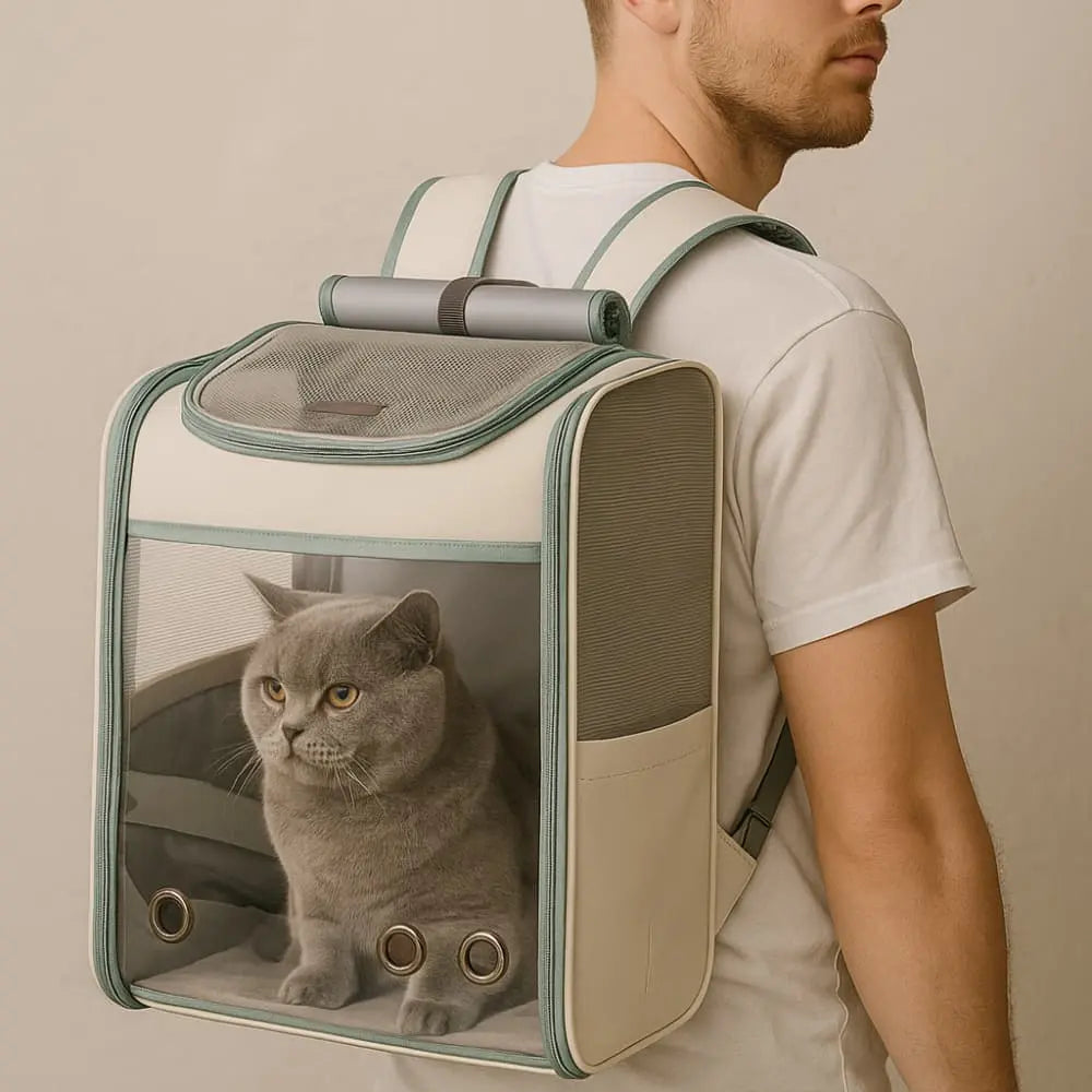 Sac à dos vert pour chat porté sur le dos, pratique et ventilé.