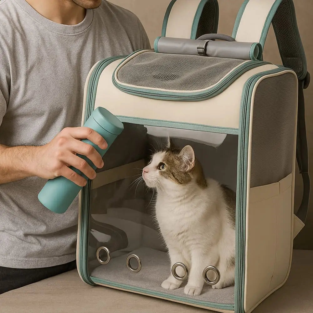 Chat installé dans un sac à dos vert pour chat avec aérations latérales.