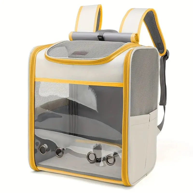 Sac à dos jaune pour chat pliable avec panneaux respirants.