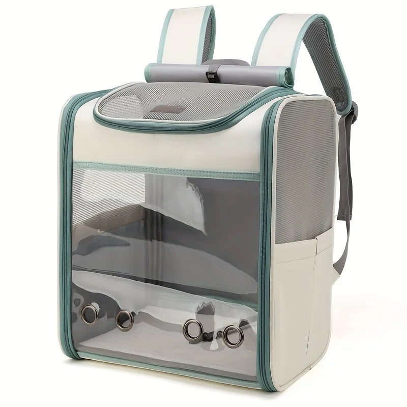 Sac à dos vert pour chat en tissu Oxford et PVC avec fenêtres d’aération.
