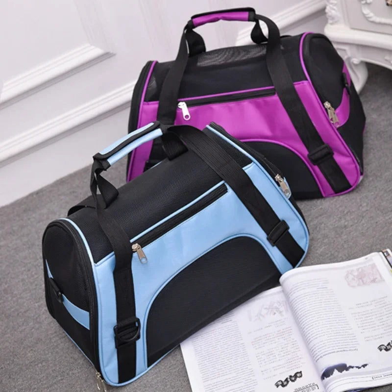 Sacs de transport pliables pour chat en nylon résistant, coloris violet et bleu