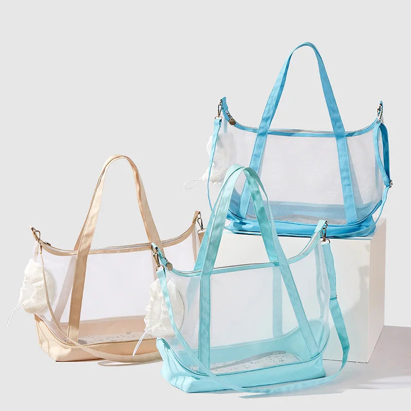 Sacs ventraux pour chat en nylon, coloris bleu et beige, respirants et légers.