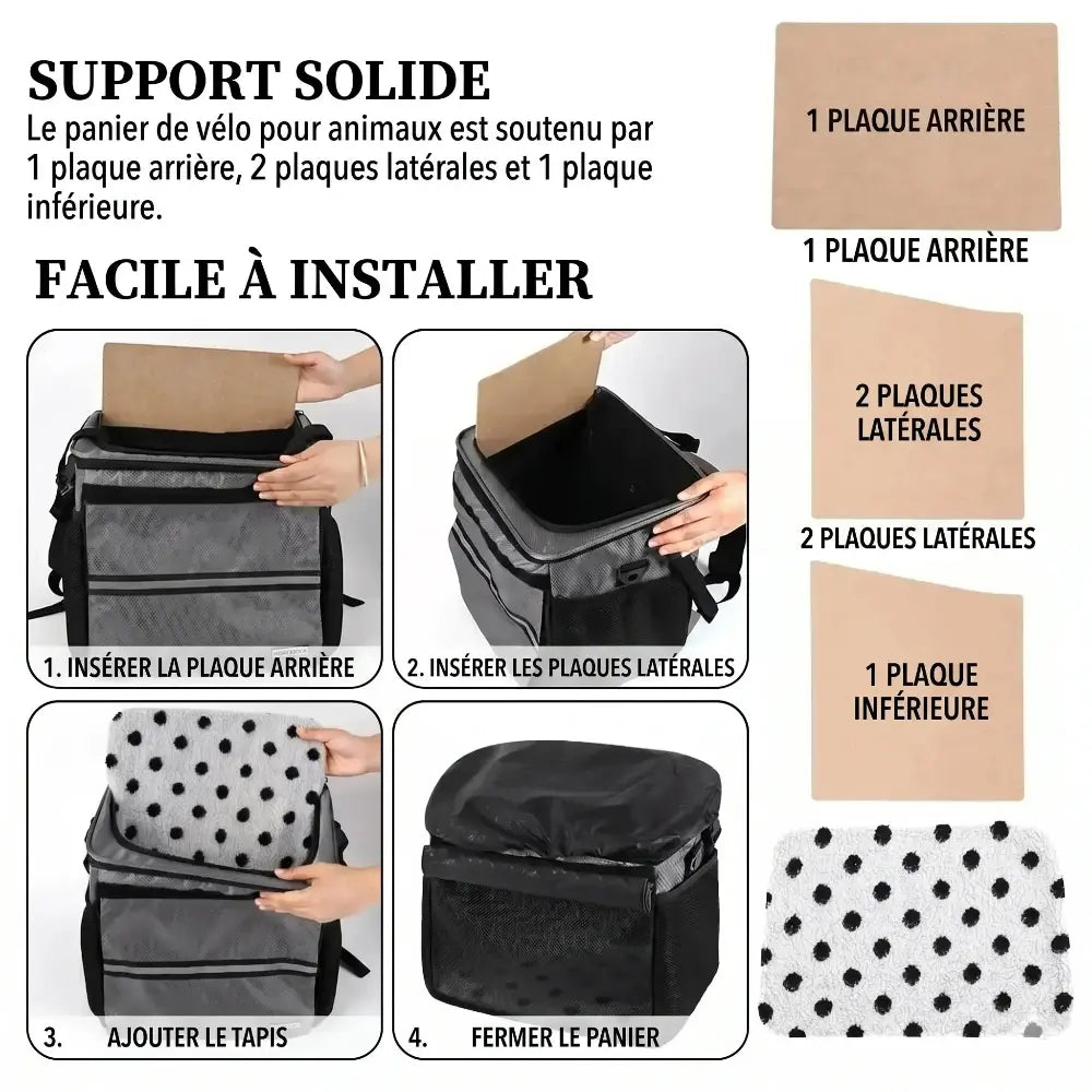 Détail des panneaux de renfort rigides et du fond amovible qui assurent la stabilité du sac de transport.