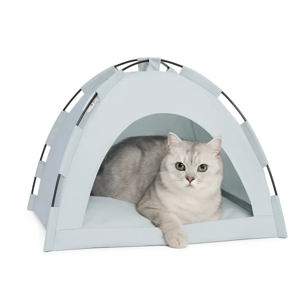 Tente pour chat grise avec coussin moelleux, idéale comme panier d’extérieur ou d’intérieur pour offrir confort et abri au chat.