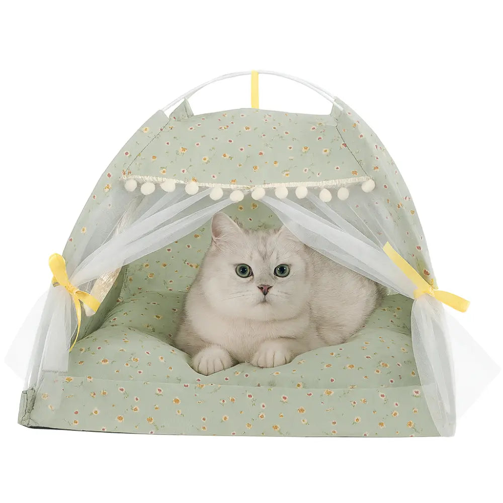Tente pour chat verte avec coussin moelleux, utilisée comme panier confortable pour intérieur ou extérieur.