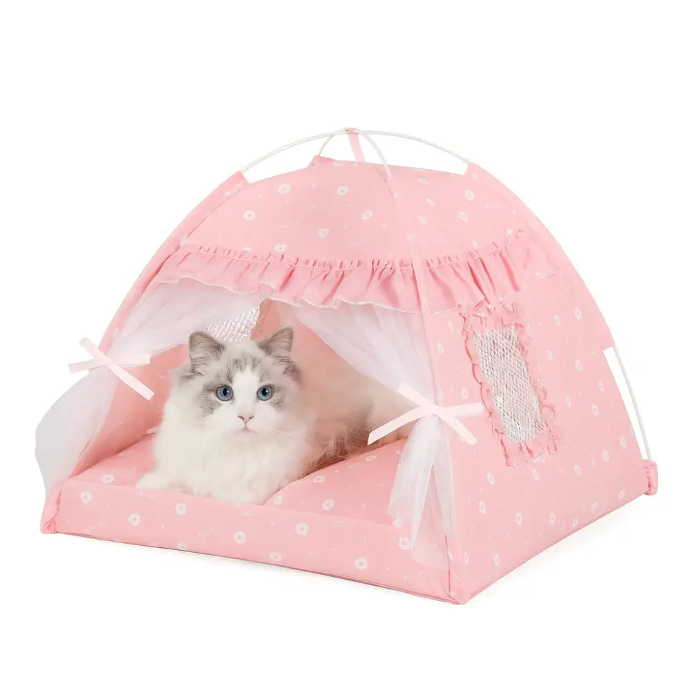 Tente pour chat rose avec coussin moelleux et rideaux en tulle, idéale comme panier confortable pour intérieur ou extérieur.