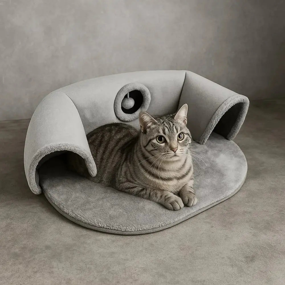 tunnel de repos pour chat gris avec structure douce et pliable