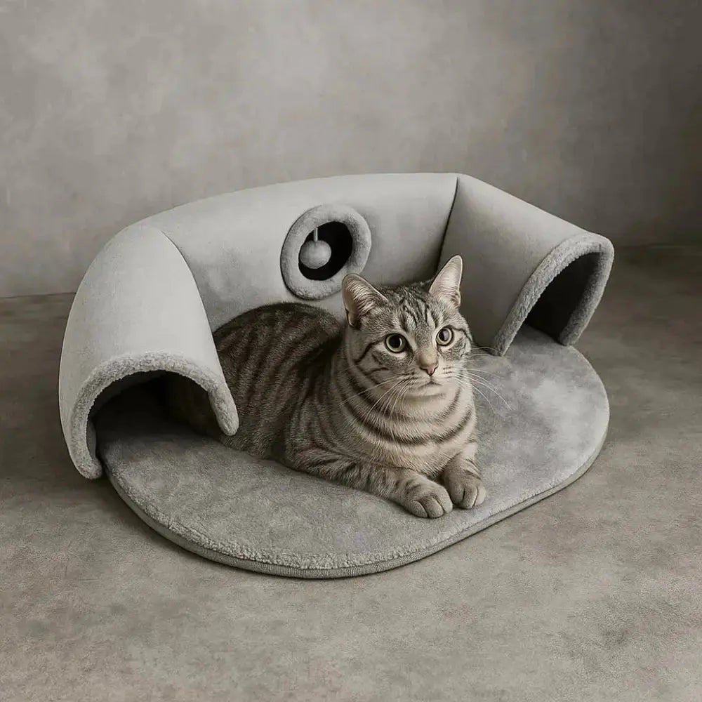 tunnel de repos pour chat gris avec structure douce et pliable