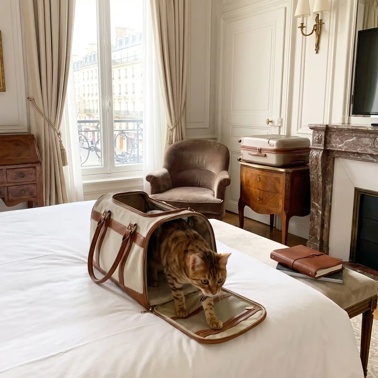 chat-roux-dans-son-sac-pour-chat-dans-un-hotel-en-france