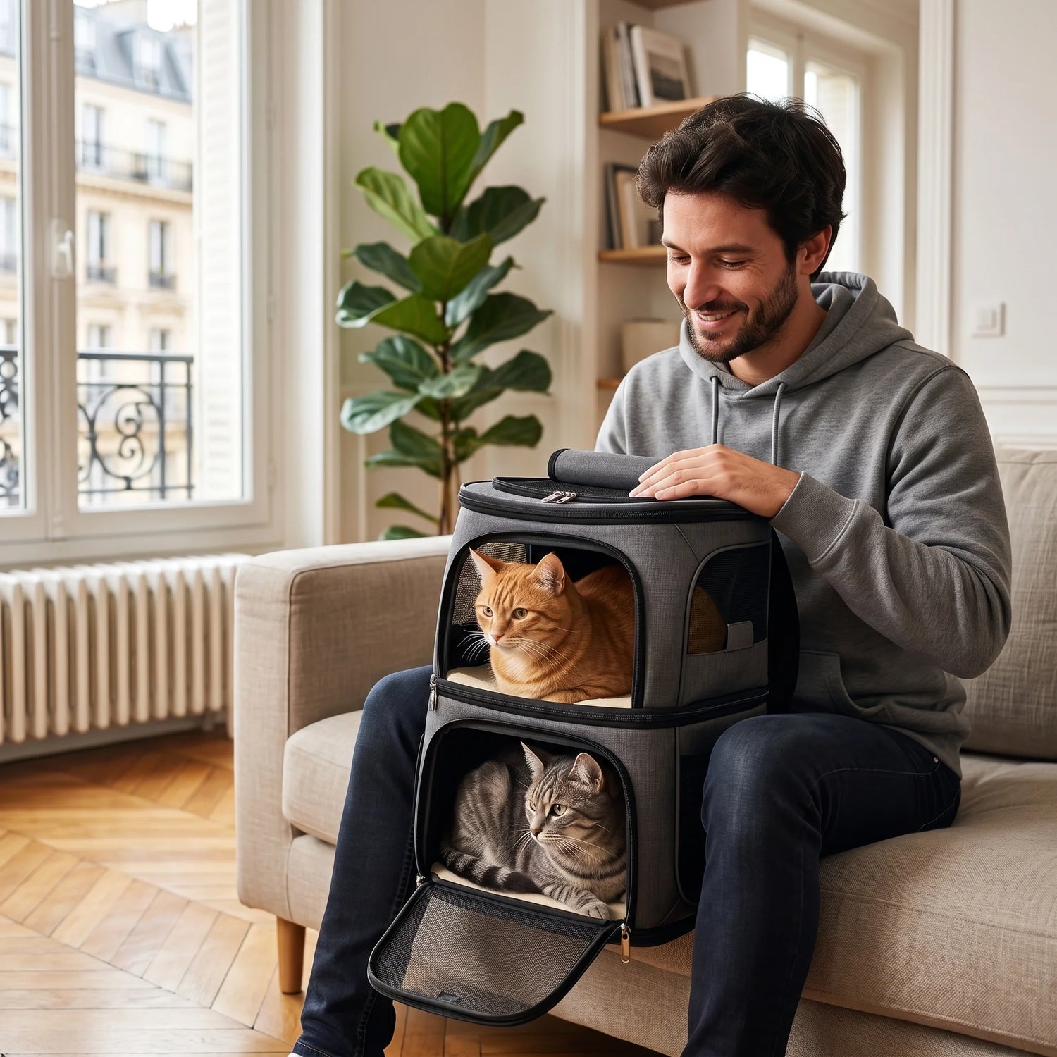homme-avec-un-sac-de-transport-pour-2-chat