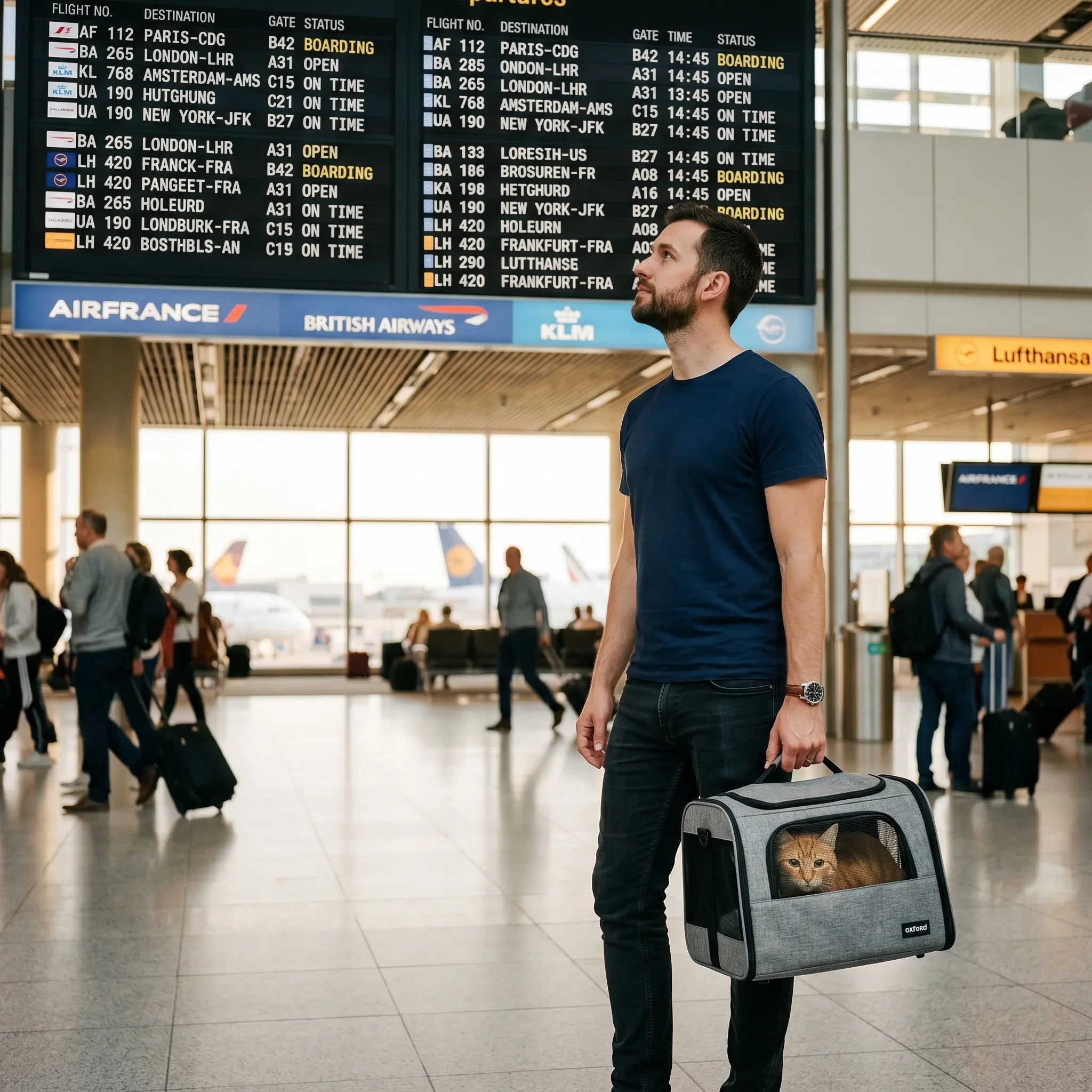 guide-voyager-avion-chat-2026-homme-aeroport-international-sac-transport-chat-roux-tableau-departs-airfrance-klm-lufthansa
