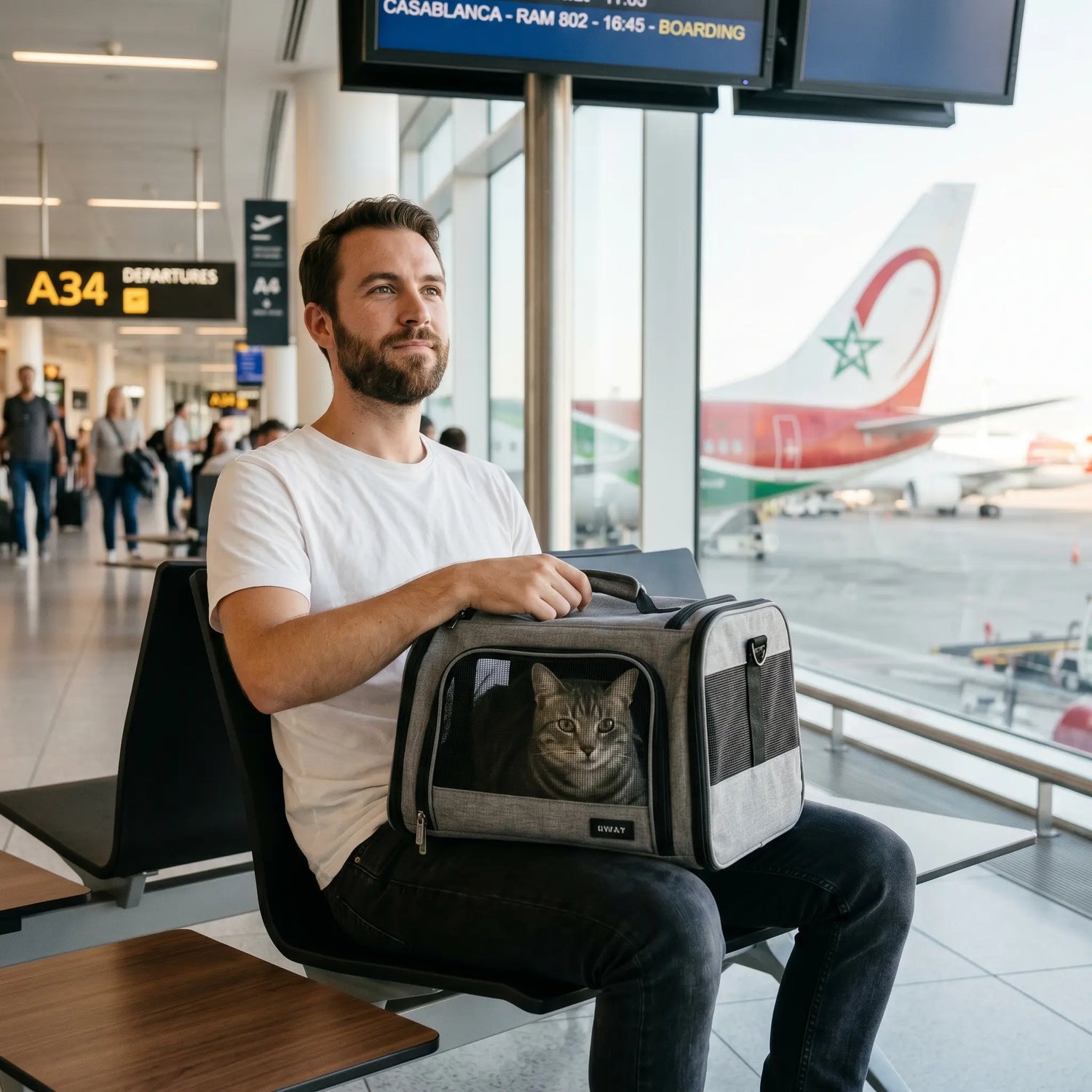 sac-transport-chat-cabine-homme-aeroport-terminal-avion-royal-air-maroc-queue-rouge-vert-casablanca-boarding