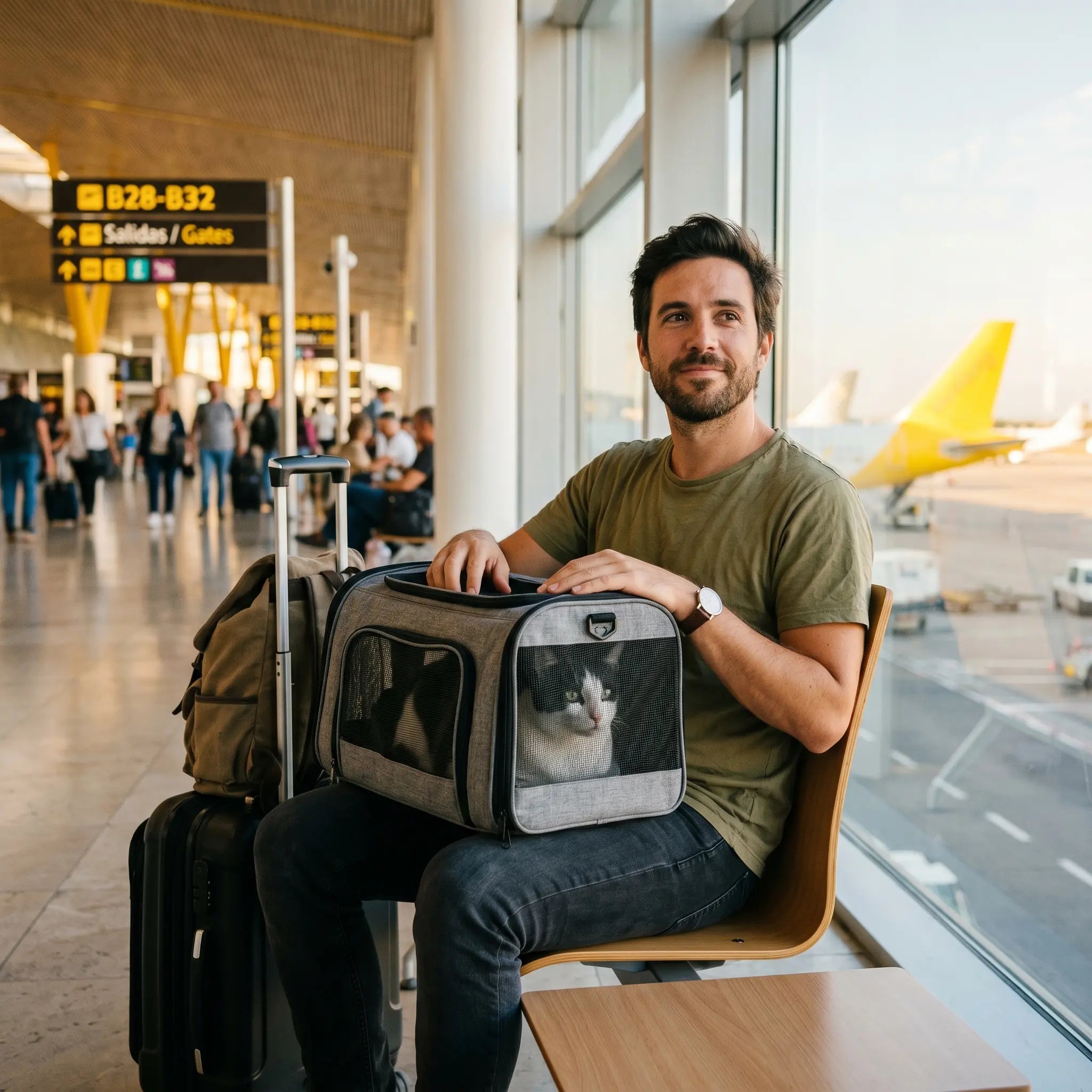 sac-transport-chat-cabine-vueling-homme-aeroport-madrid-barajas-terminal-espagnol-avion-jaune-queue-vueling-chat-noir-blanc