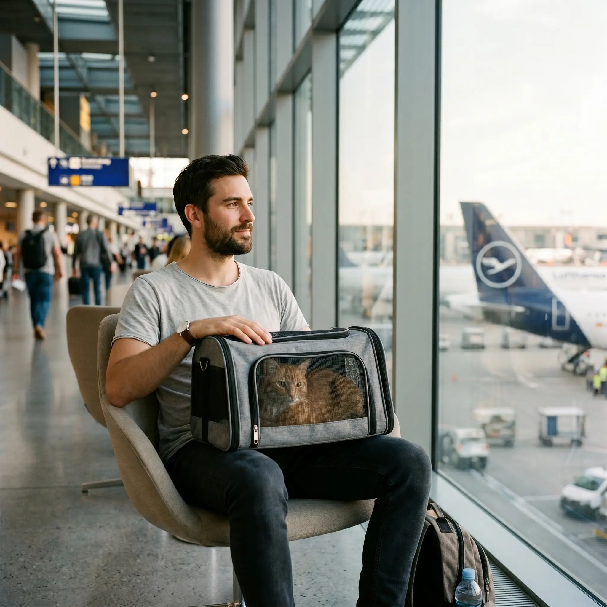 sac-transport-chat-cabine-lufthansa-homme-aeroport-francfort-terminal-avion-bleu-grue-jaune-chat-roux-tabby