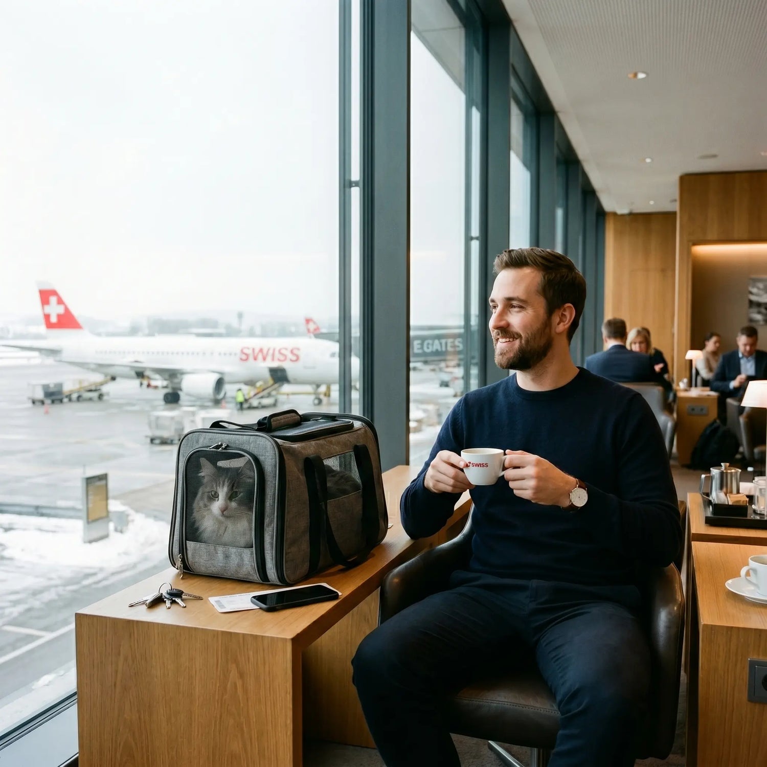sac-transport-chat-gris-blanc-lounge-premium-swiss-airlines-zurich-homme-cafe-tasse-swiss-avion-croix-rouge-neige-tarmac