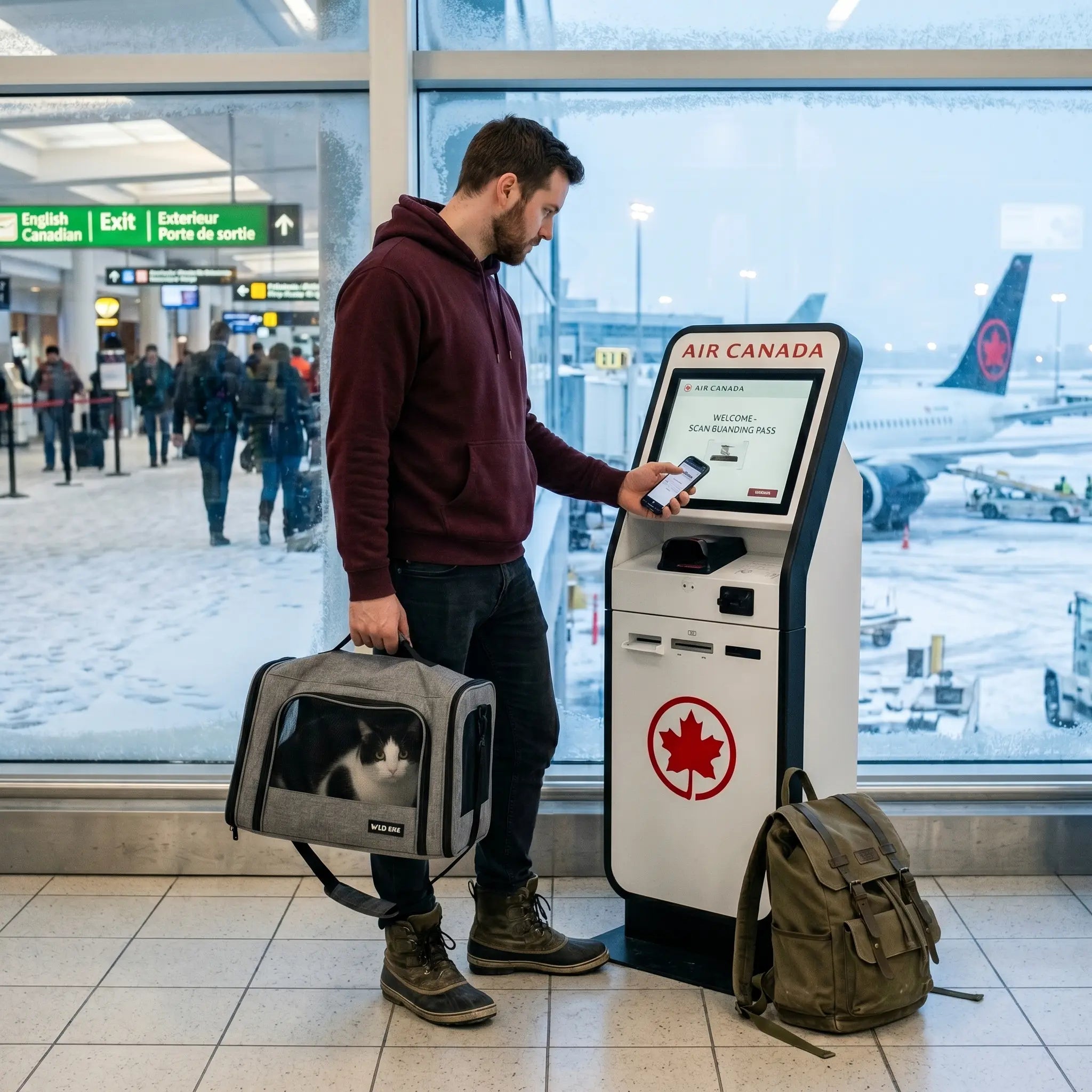 sac-transport-chat-noir-blanc-kiosk-checkin-air-canada-montreal-hiver-neige-tarmac-erable-rouge-homme-hoodie-bordeaux