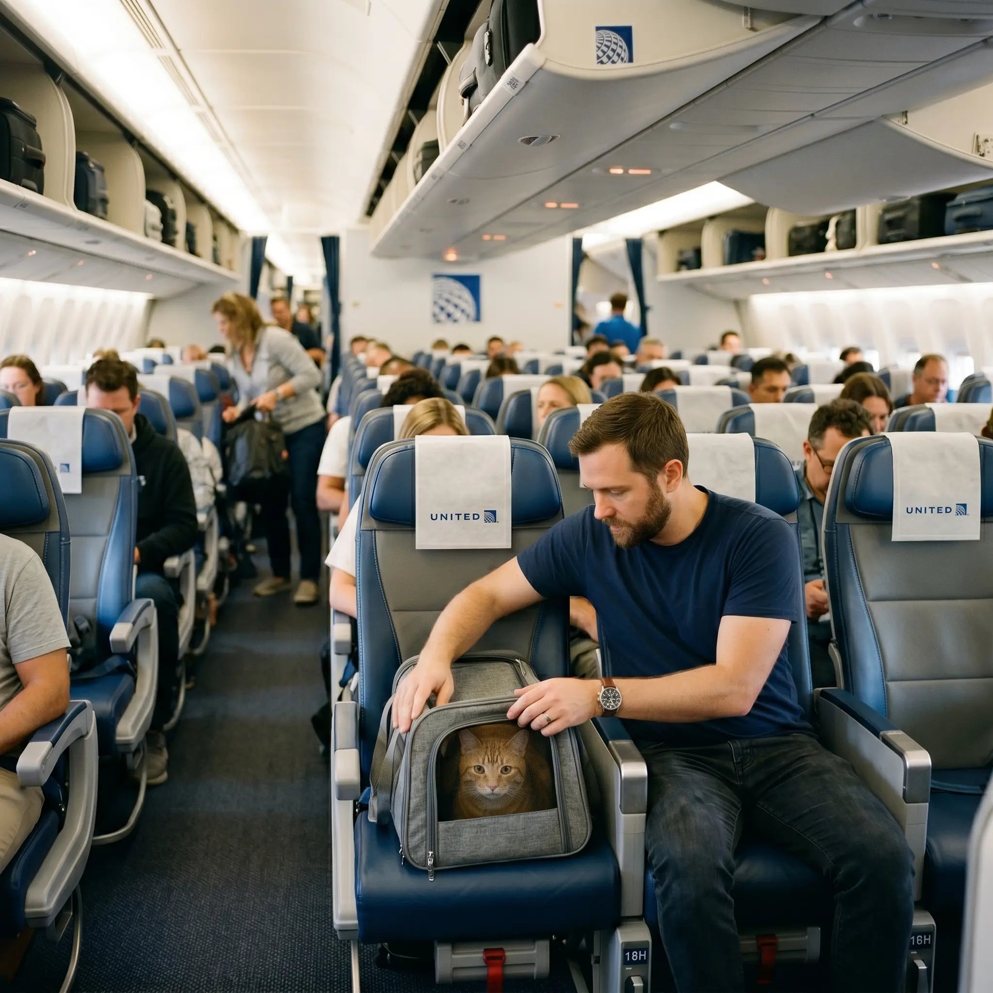 chat-roux-tabby-sac-transport-cabine-united-airlines-boeing-homme-siege-bleu-rangees-passagers-long-courrier