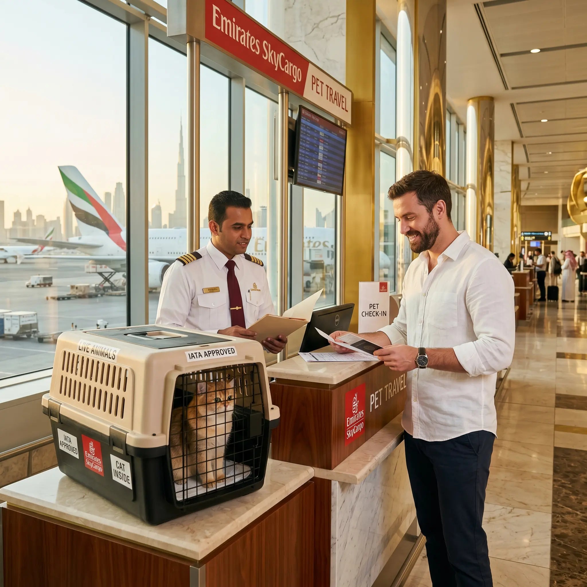 caisse-iata-chat-golden-british-shorthair-comptoir-emirates-skycargo-pet-travel-dubai-agent-uniforme-a380-skyline-coucher-soleil
