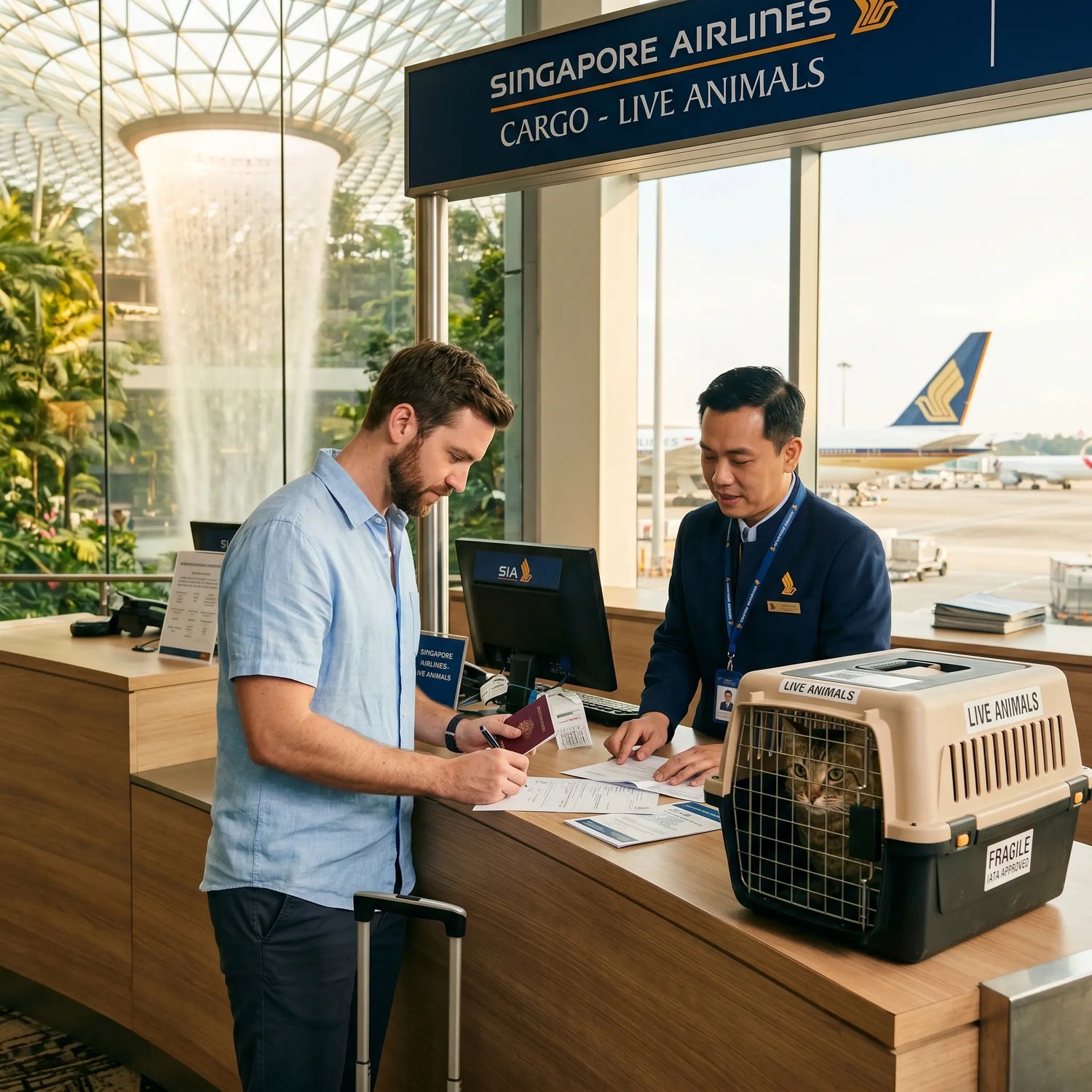caisse-iata-live-animals-cargo-singapore-airlines-changi-airport-jardin-tropical-cascade-homme-signature-documents-agent-uniforme