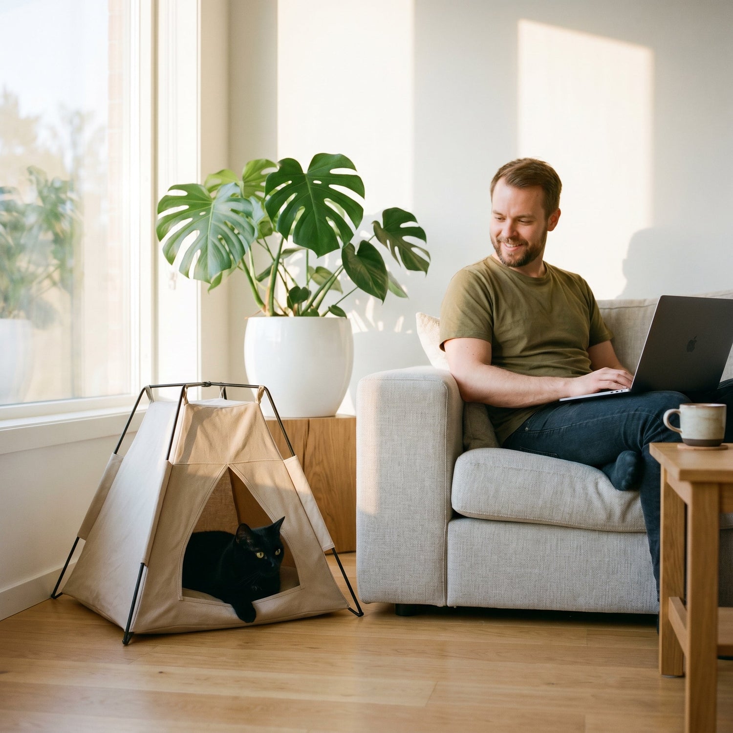 chat-noir-dans-une-tente-pour-chat-salon-moderne