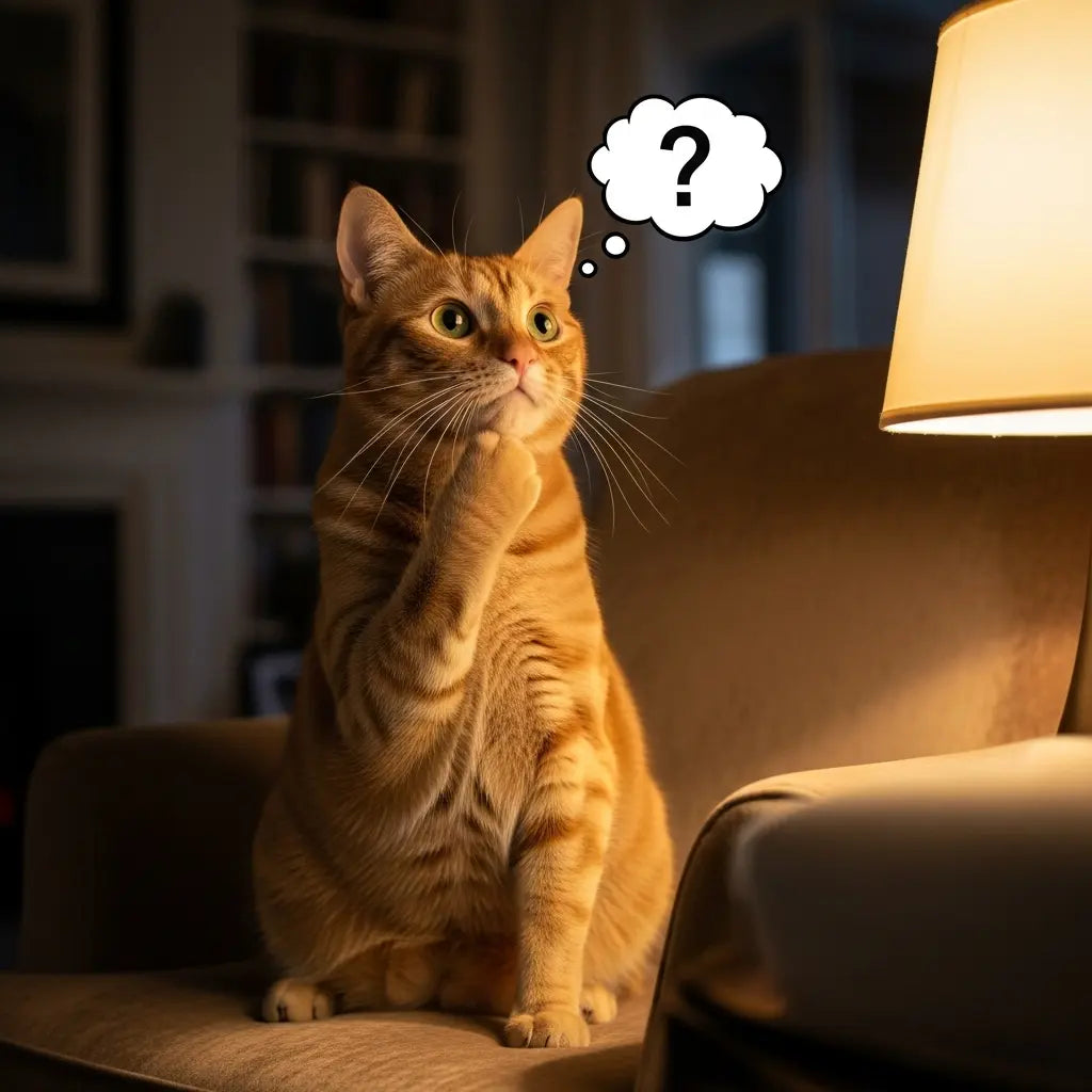 chat assis sur un canapé se posant des questions