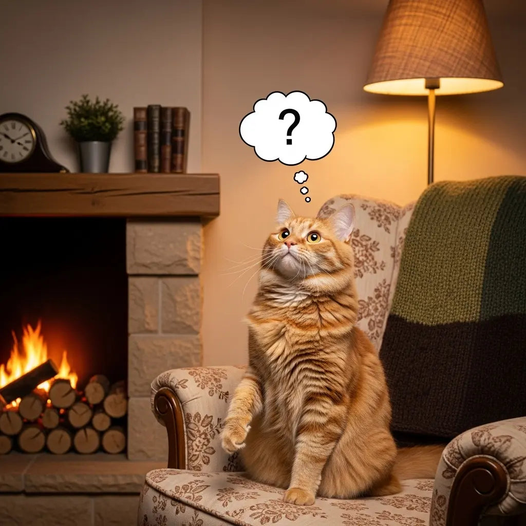 chat sur canapé assis près du feu, dessin animé