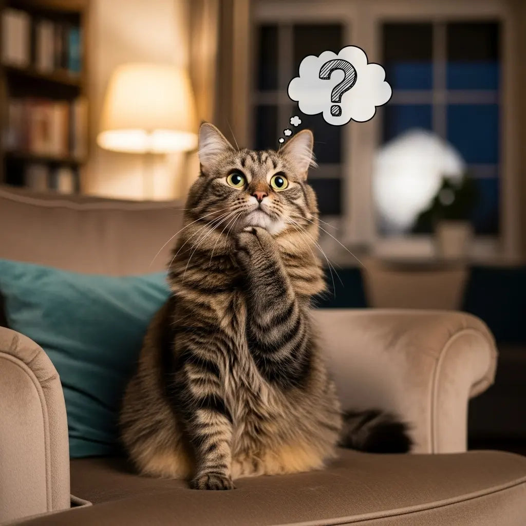 chat de dessin animé assis sur un fauteuil, ?