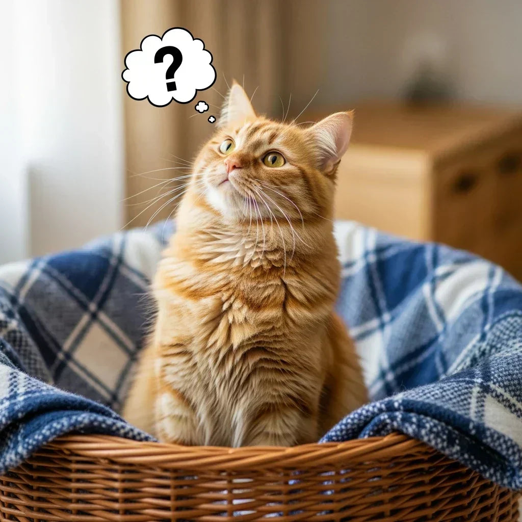 chat se posant une question dans son panier pour chat, dessin animé