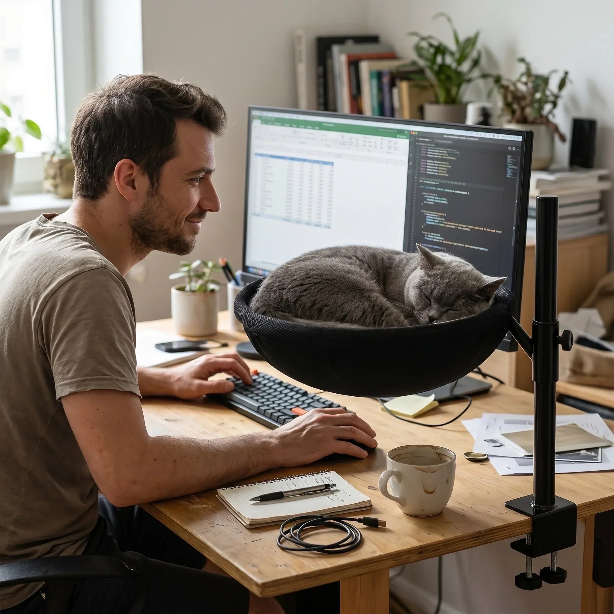 homme-30-ans-en-teletravail-avec-son-chat-sur-un-panier-suspendus-bureau