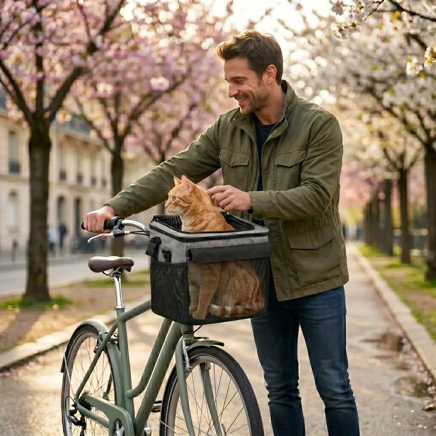 homme-sur-son-vélo-avec-un-panier-vélo-pour-chat-a-l'avant-avec-un-chat-roux