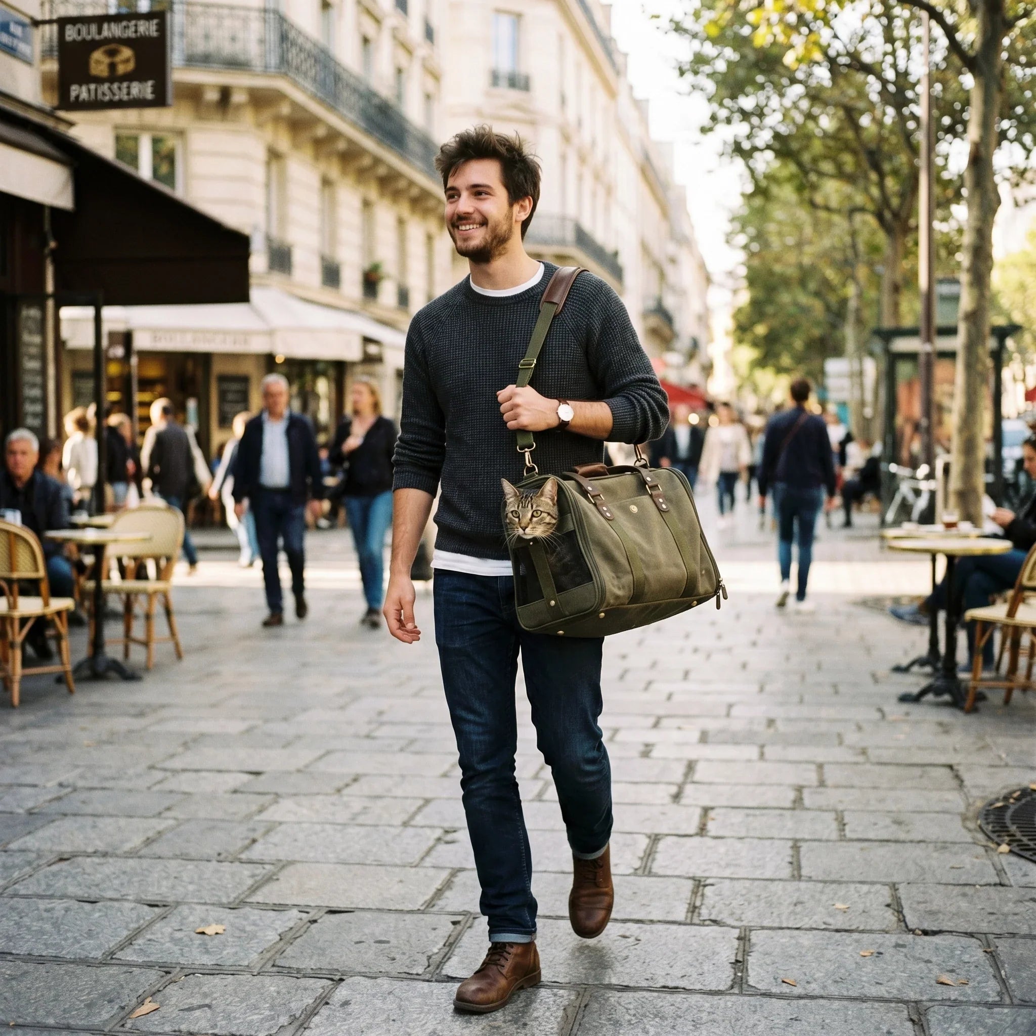 jeune-homme-avec-sac-pour-chat-vert-en-ville