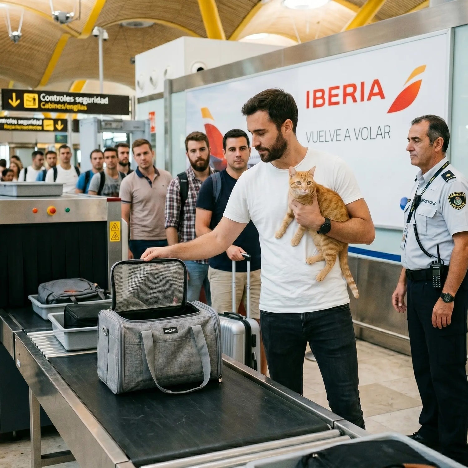 chat-roux-tabby-controle-securite-iberia-madrid-barajas-homme-tient-chat-bras-sac-transport-tapis-scanner-agent-securite