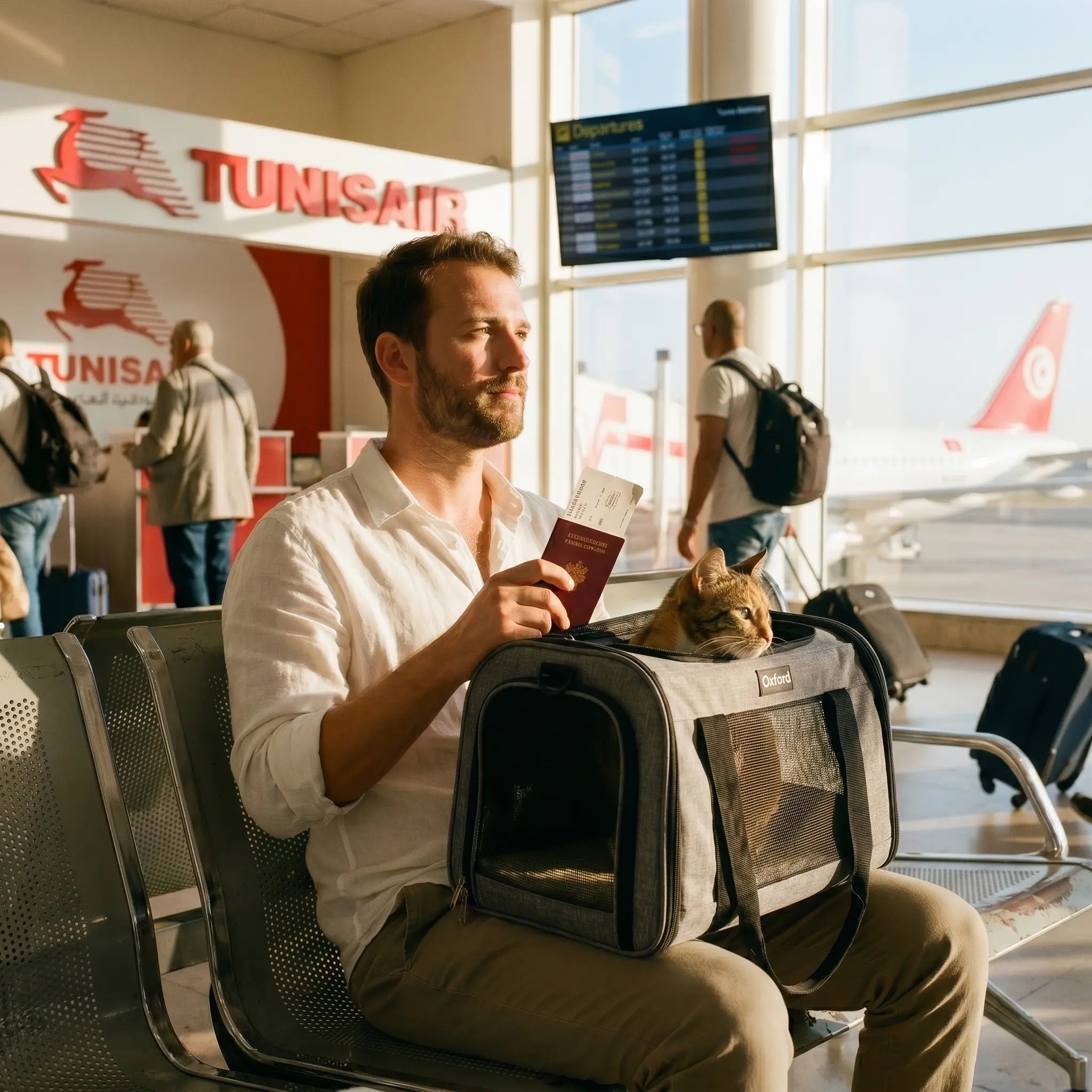 sac-transport-chat-roux-tabby-aeroport-tunis-carthage-homme-passeport-français-tunisair-logo-rouge-avion-queue-rouge-lumiere-estivale