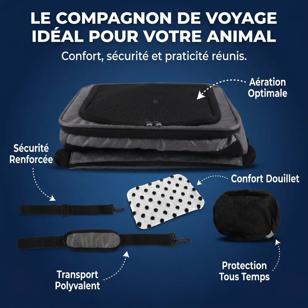 Sac de transport pour chat plié à plat avec ses accessoires inclus, comme la bandoulière et le tapis de fond.