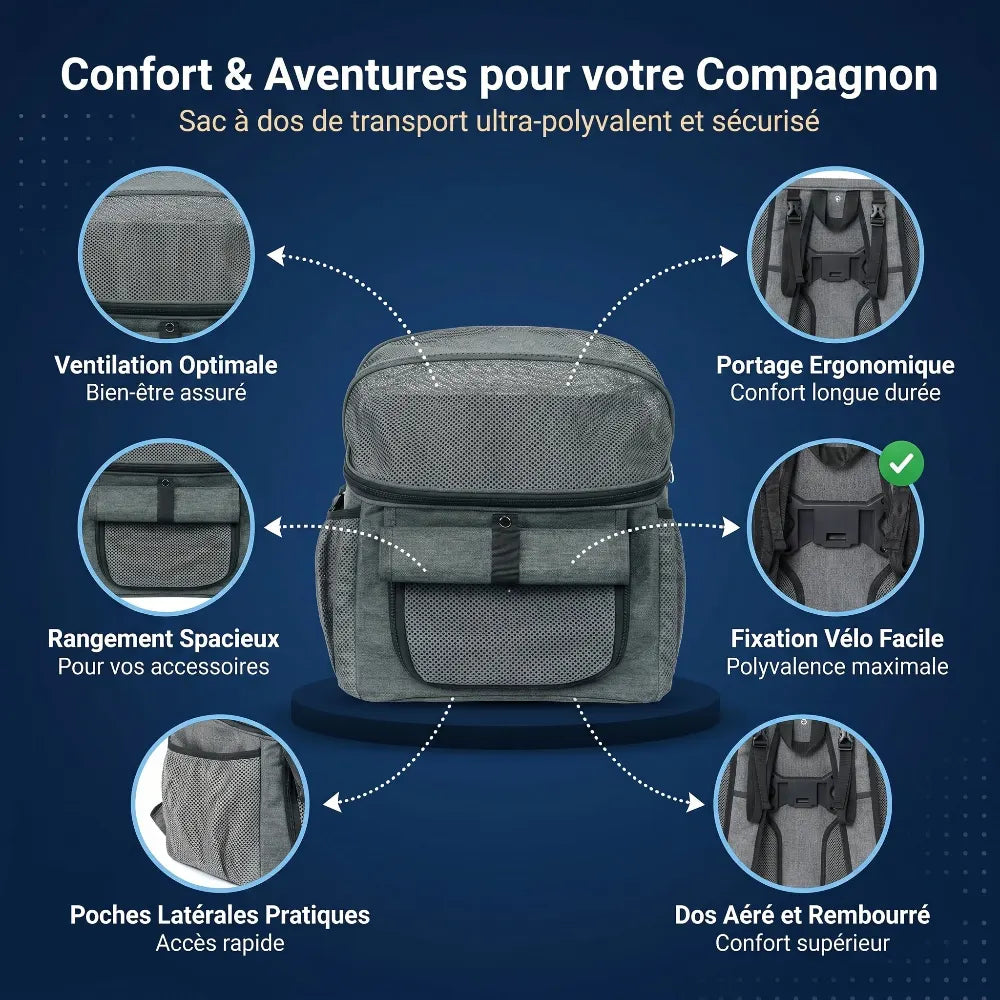 Présentation des différentes zones de ventilation en maille et de la structure de maintien du sac à dos de transport pour chat.