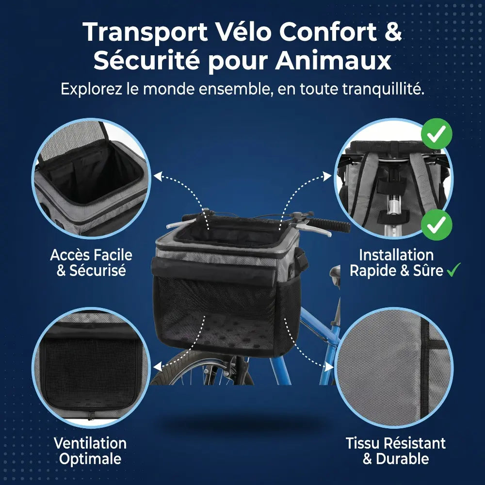 Vue détaillée des filets d'aération latéraux et des systèmes de fixation sécurisés du panier pour chat.