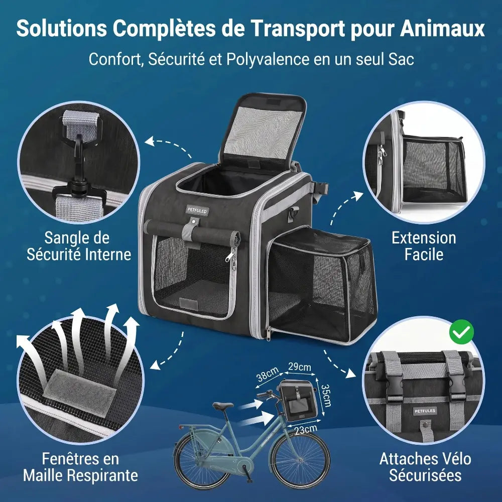 Présentation des différentes caractéristiques pratiques et des modes d'utilisation du sac de transport pour animaux.