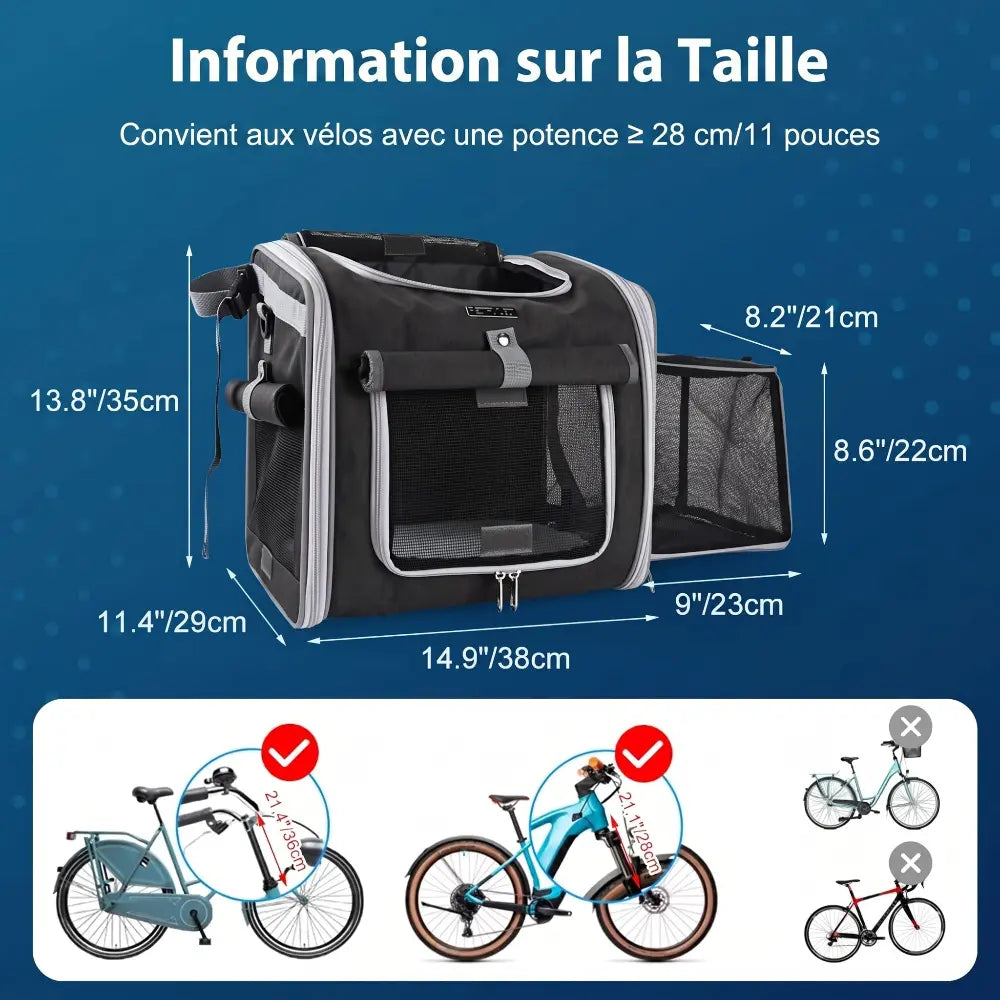 Schéma détaillant les dimensions du panier de transport pour chat et sa compatibilité avec différents types de vélos.
