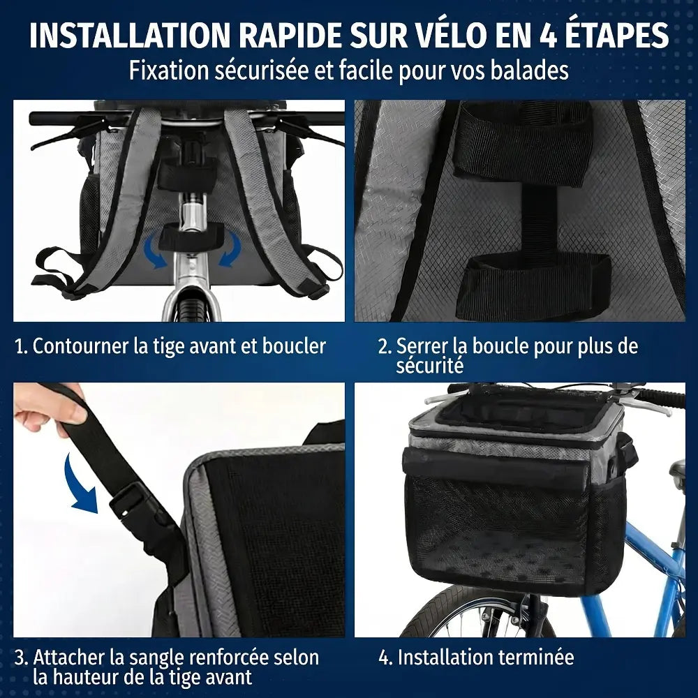 Les 4 étapes rapides pour installer et fixer le sac de transport pour chat sur le guidon du vélo.