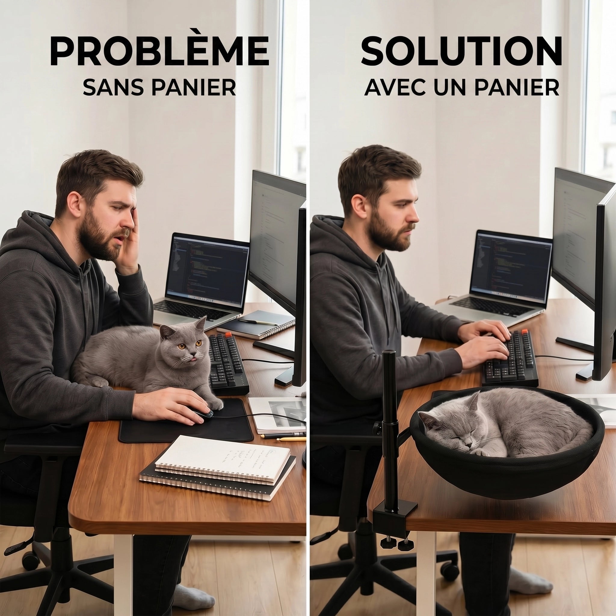 homme-30-ans-avec-et-sans-panier-de-chat-pour-bureau