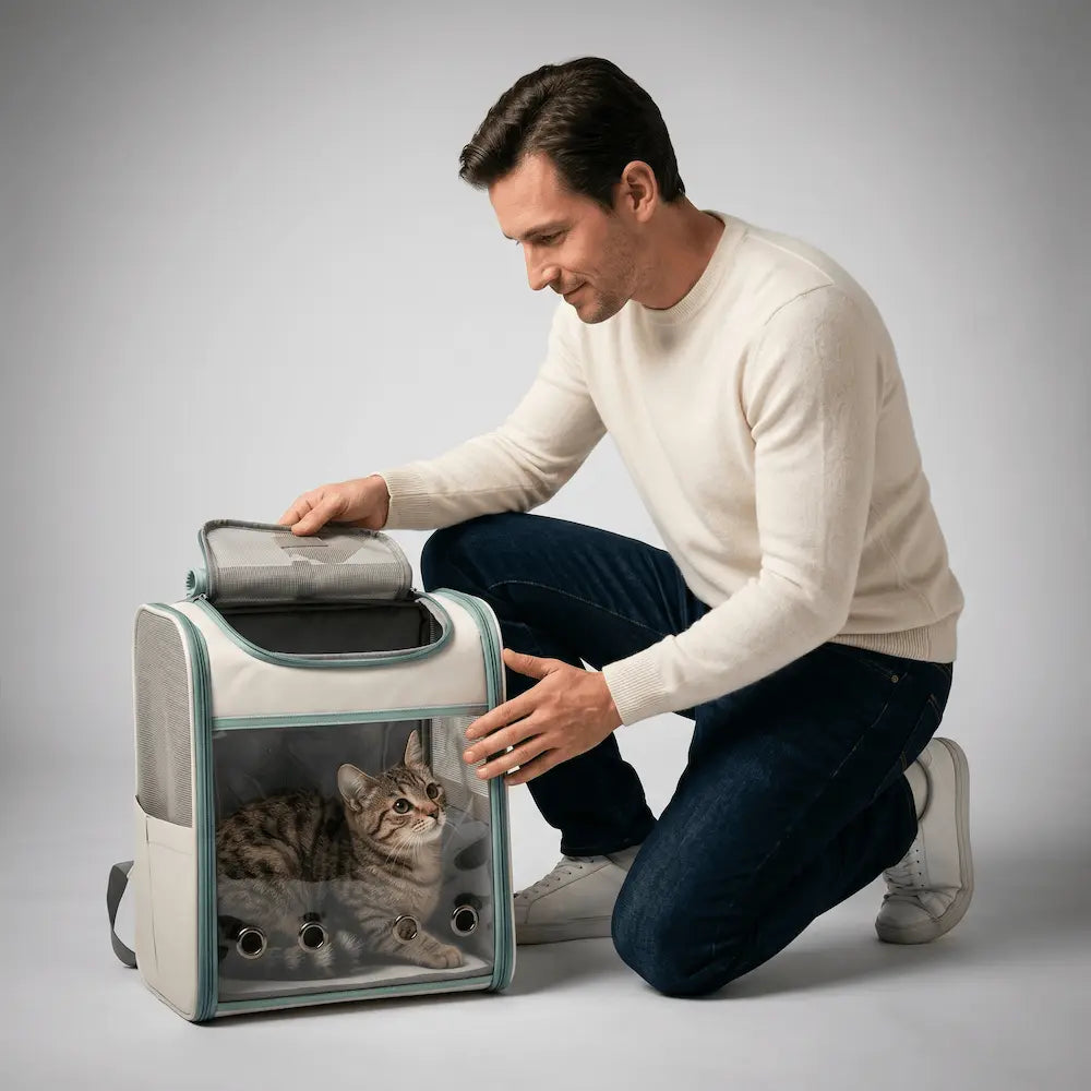 Photo d'un homme portant sur une épaule un sac à dos de transport pour chat de couleur argentée à reflets holographiques. Un chat est installé à l'intérieur, bien visible au travers de la grande façade avant carrée et transparente du sac.