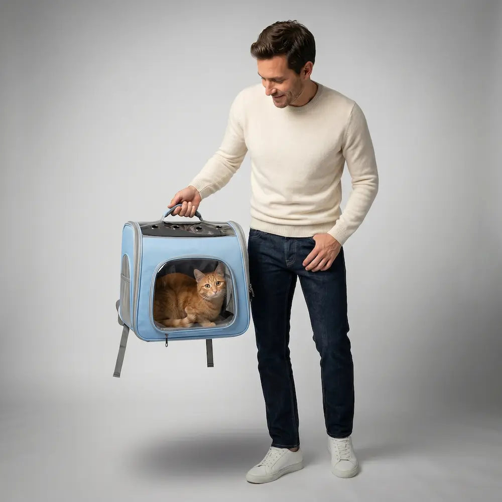 Un homme tenant par la poignée un sac à dos de transport bleu clair pour chat. Les parois sont transparentes, permettant de voir un chat roux assis à l'intérieur. Le fond est gris neutre.