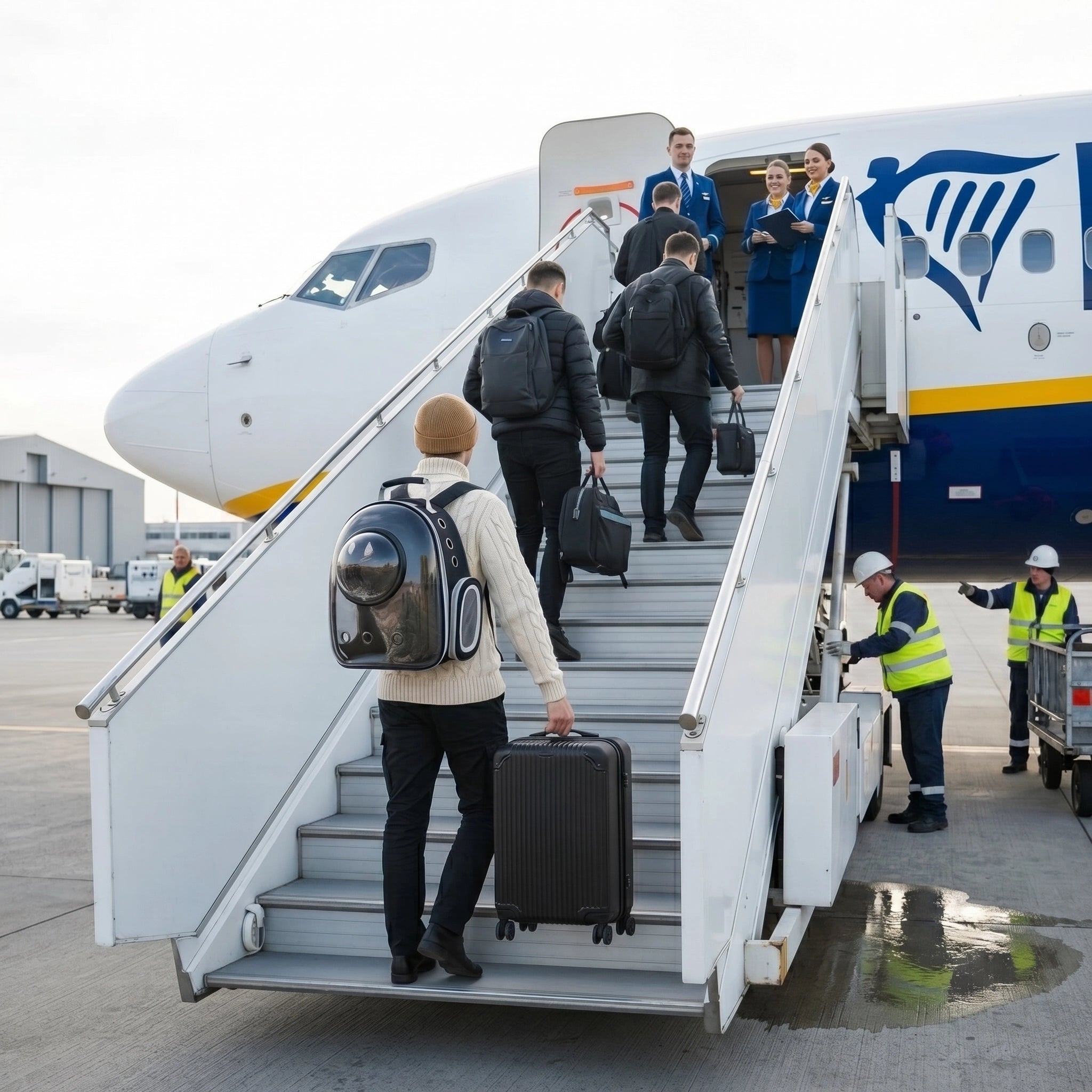 homme-30-ans-embarquant-dans-un-avion-avec-un-sac-a-dos-pour-chat-sur -un-tarmac-aeroportuaire