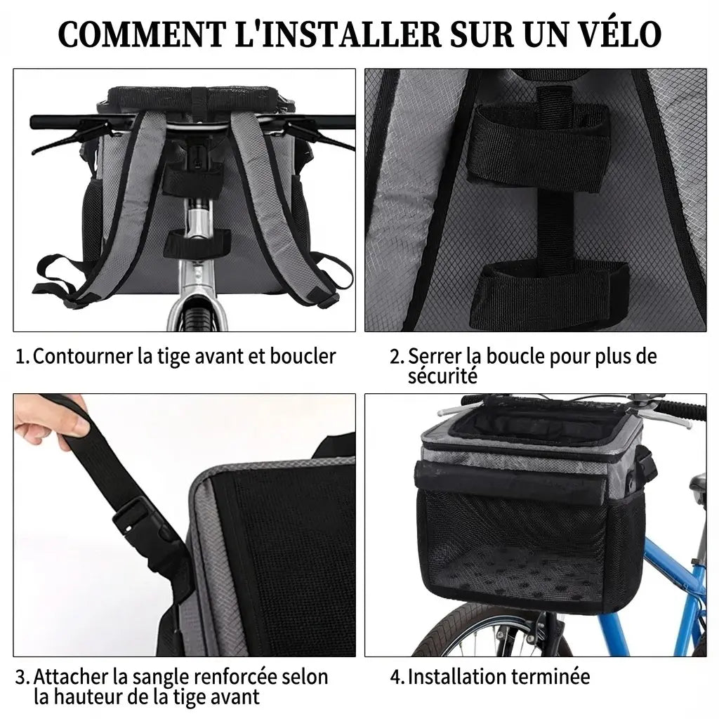 Tutoriel en 4 étapes montrant le système de fixation par sangles du panier sur le guidon du vélo.