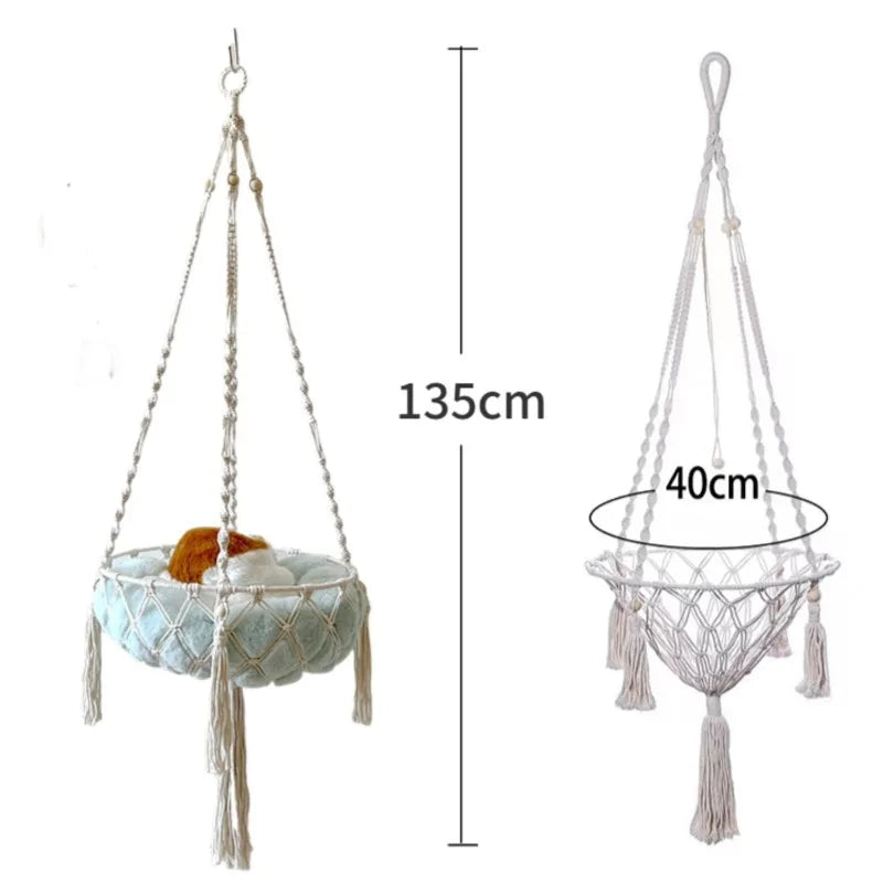 Panier chat en hauteur en macramé avec coussin, dimensions 135 cm de hauteur et 40 cm de diamètre