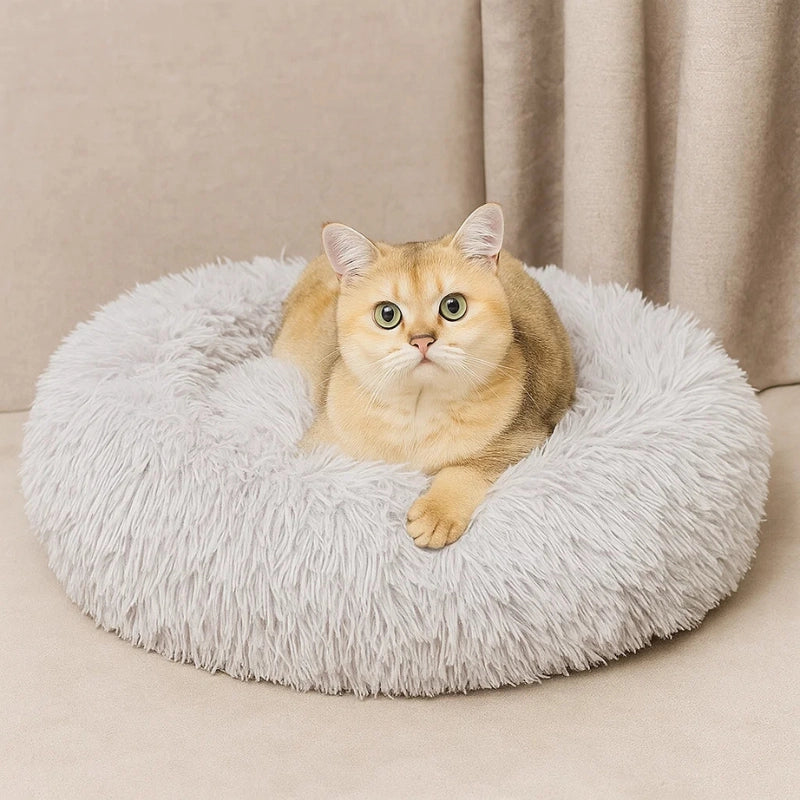 Chat reposant dans un panier rond gris en peluche longue, moelleux et lavable