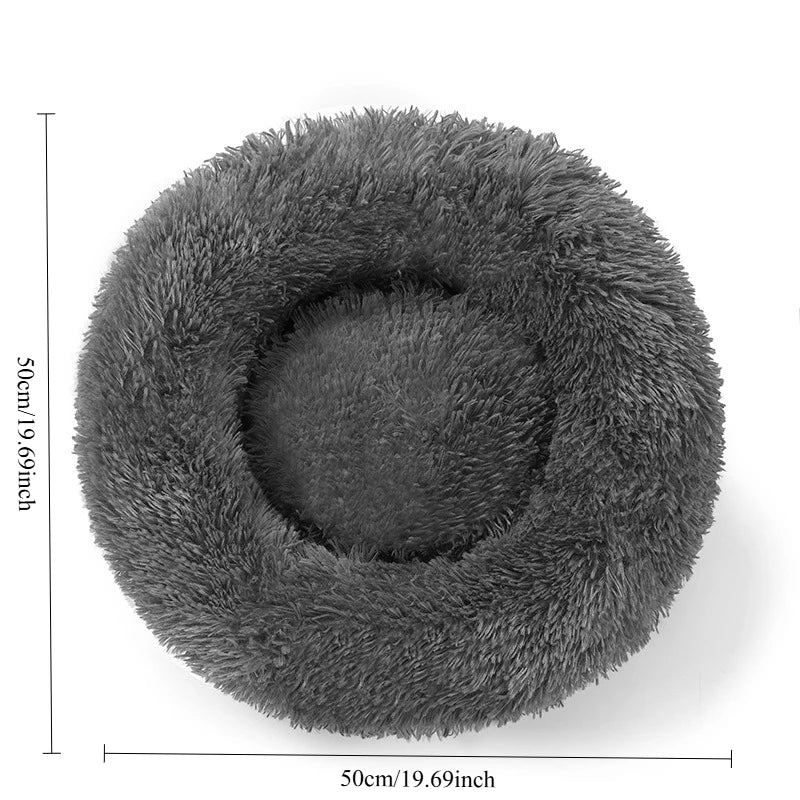 Panier rond gris foncé pour chat, vue supérieure et mesures